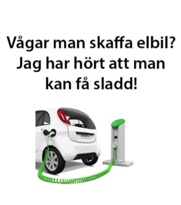 Elbil kopplad till laddstation, skämt om sladdar relaterat till halka eller elektricitet, ordspel, humoristisk text på svenska.