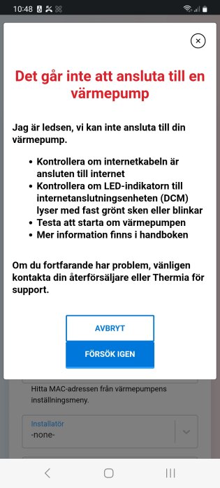 Felmeddelande på skärm: problem med att ansluta till uppvärmningsenhet, internetkontrollinstruktioner, kontaktinformation, åtgärdsförsök.