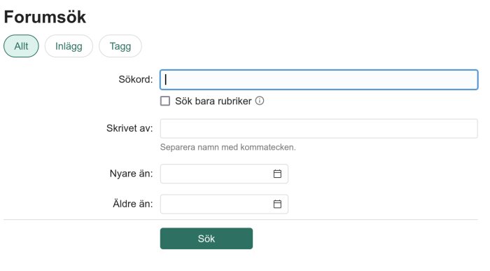 Söksida för forum med filter för inlägg, skribenter och datum.