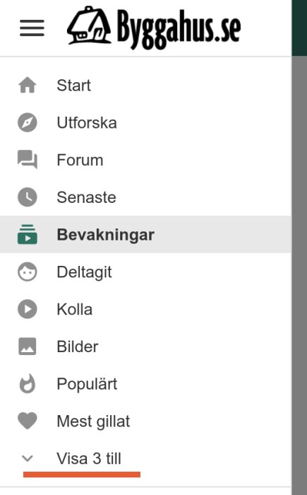 Meny för webbplatsen Bygghus.se, med alternativ som Start, Forum, Senaste och Bevakningar.