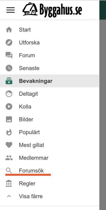 Menyn till en webbplats, troligen ett forum, med alternativ för navigering som Start, Forum, och Bilder.