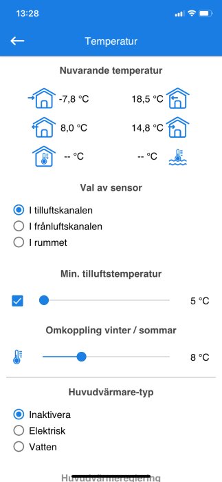 Skärmbild av en app för temperaturstyrning visar nuvarande temperaturer och inställningar för uppvärmningssystem.