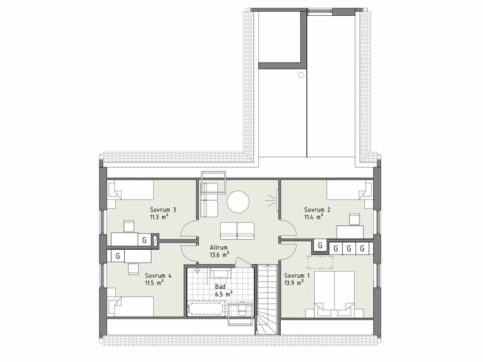 Arkitektonisk ritning av enplanshus med fyra sovrum, allrum och badrum.