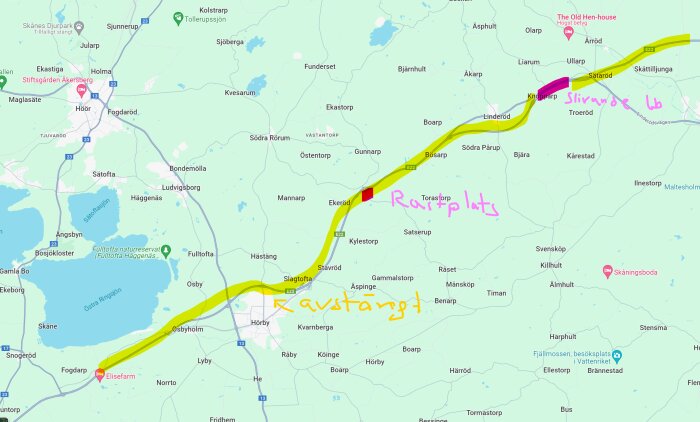 Kartbild över en region i Sverige med markerade vägar och handskrivna anmärkningar, troligt planeringsdokument.