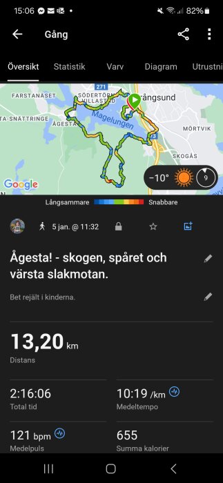 Skärmdump av fitnessapp visar karta, löprunda, distans, tid, tempo, puls, kalorier, kyligt väder.