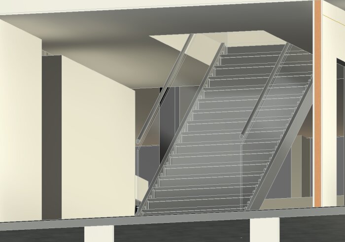 Digital rendering av en modern trappa inne i en byggnad med räcken och minimalistisk design.