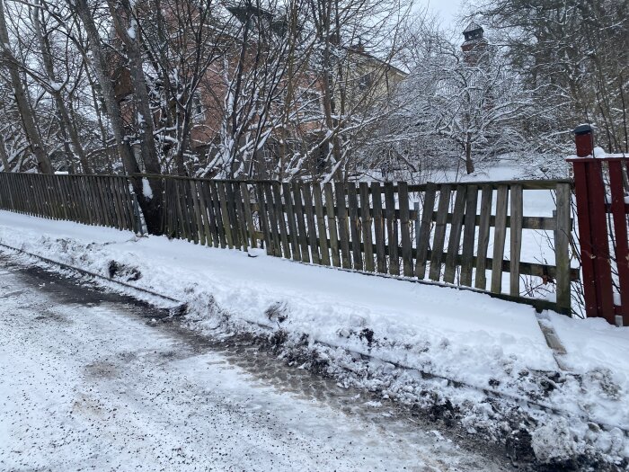 Vinterlandskap, snötäckt staket, bar träd, gammal byggnad i bakgrunden, grå himmel, snöröjning på gångväg.