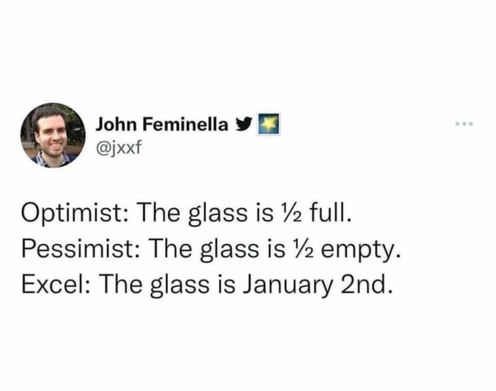 Twitter-skämt om optimism och Excel datumtolkning: halvfullt glas, halvtomt glas, 2 januari.