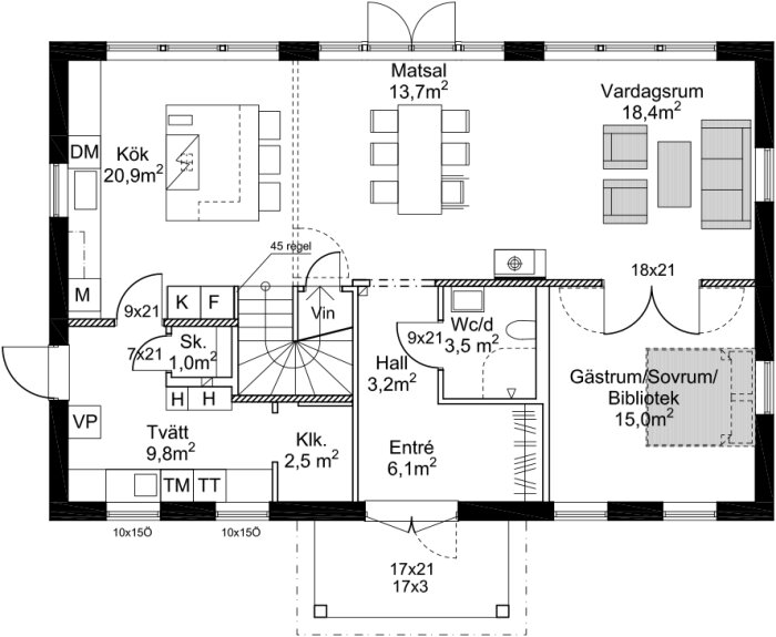 Arkitektritning för en bostad visande rum fördelning och mått.