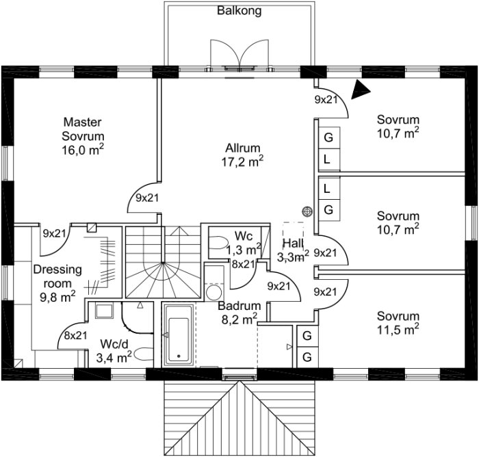 Arkitektonisk ritning; lägenhetsplan med balkong, flera sovrum, badrum, vardagsrum och klädkammare.