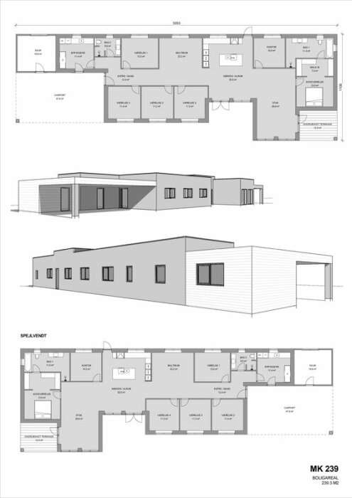 Arkitektritningar av ett enfamiljshus inklusive planlösningar och exteriör vy.