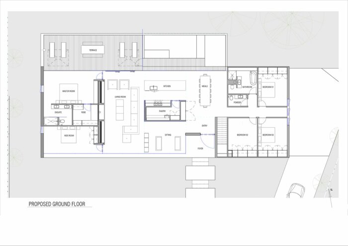 Arkitektonisk ritning av en våningsplan med beskrivna rum som kök, sovrum och vardagsrum.