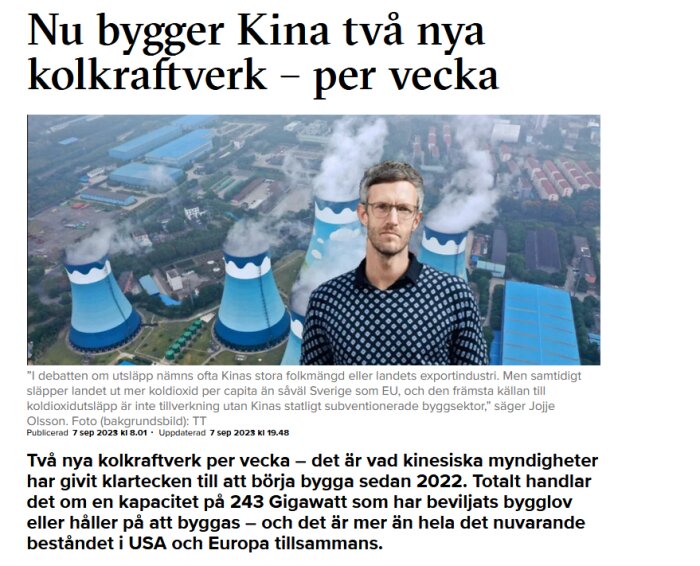 Artikel om Kina bygger kolkraftverk med bild av kyltorn, vegetation, industriområde och en man i förgrunden.