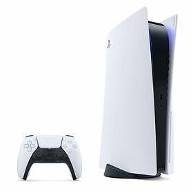 PlayStation 5 konsol med vit och svart design samt en matchande handkontroll, modern spelteknik.