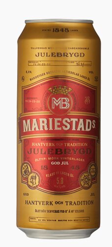 En ölburk av märket Mariestads med julöl, guldig och röd design, traditionell stil, 5,8% alkoholvolym.