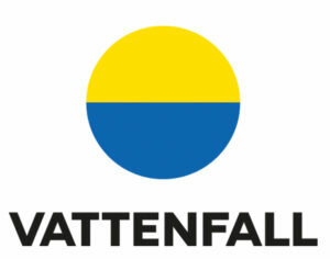 Gul och blå cirkel ovanför texten "VATTENFALL" mot vit bakgrund; grafisk design, logotyp.