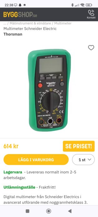 Grön digital multimeter, Schneider Electric, mätinstrument, display, vridknapp, mätkablar ingång, CE-märkt.