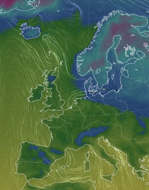 Meteorologisk kartbild som visar vindmönster eller trycksystem över Europa, med linjer som illustrerar rörelseriktningar.