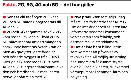 Svensk text om mobilnätets utveckling från 2G till 5G, inkluderar tidsramar och teknikskiften, varnar för föråldrad teknik.