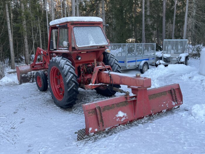 Röd traktor med snöblad framför, snöig omgivning, skogsbakgrund, släpvagnar i bakgrunden, vinterdag.