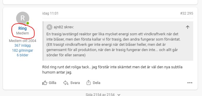 Skärmdump från webbforum, inlägg med användarnamn och text, markerat som roligt, diskuterar energi och reaktorer.