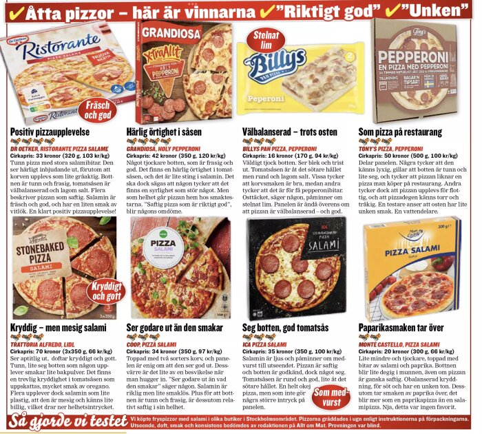 Svensk pizzarecensionsartikel med betyg och kommentarer; flera märken visas; "Riktigt god" och "Unken" betyg.