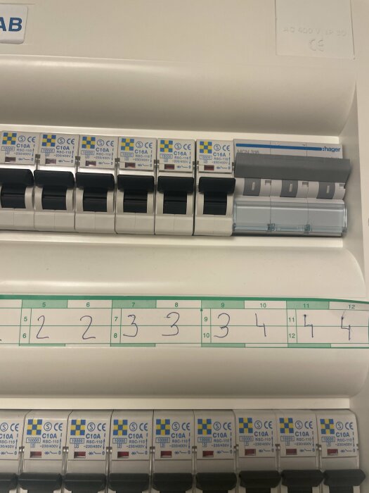 Elcentral med säkringar och märkning, vit bakgrund, strömbrytare, elektrisk utrustning, säkerhetsanordning, numrerad.