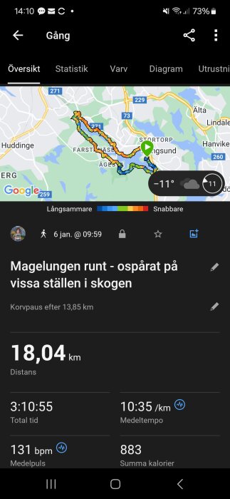 Skärmavbild av en aktivitetsapp; 18,04 km promenad; rundtur vid Magelungen; karta; tid; puls; kaloriförbrukning.