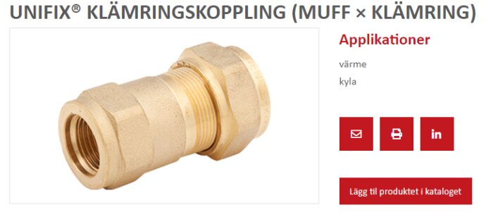 UNIFIX klämringkoppling, mässing, för värme- och kylningsapplikationer, in- och ut-ikoner, "lägg till i katalog" knapp.