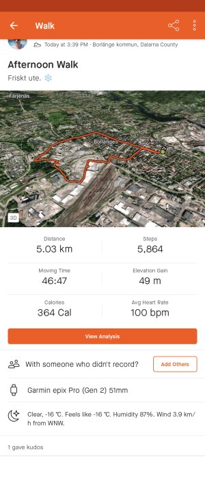 Skärmavbildning av en träningsapp som visar information om en promenad på 5,03 km, 5864 steg i Borlänge.