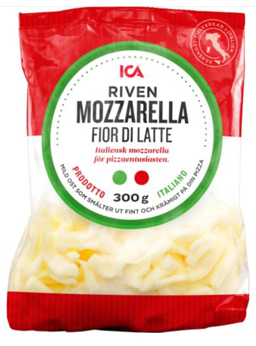 ICA-märkt riven mozzarella, Fior di Latte, 300g förpackning, italiensk, för pizzaentusiaster.