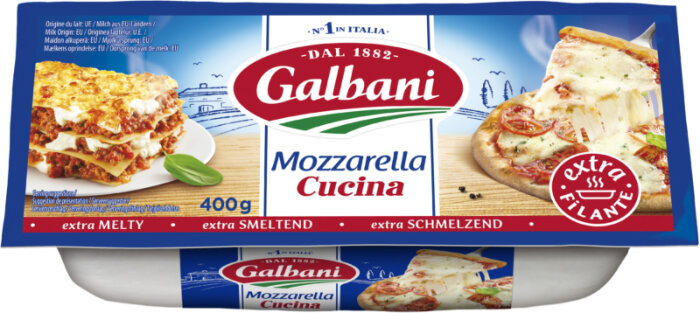 Förpackning för "Galbani Mozzarella Cucina" med lasagne och pizza, betonar extra smältande ost, 400g.