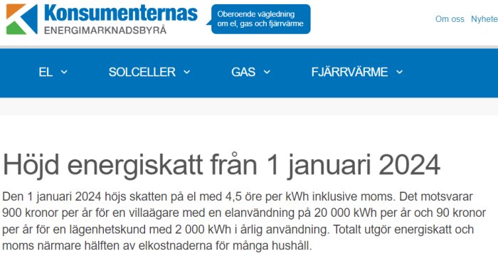 Webbsida meddelar om höjd energiskatt i Sverige från 1 januari 2024, påverkar elkostnader för hushåll.