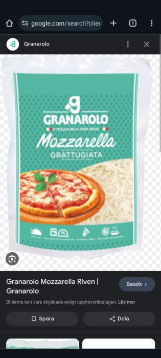 Riven mozzarella i förpackning, Granarolo varumärke, bild på pizza, grön vit förpackning, italienska mejeriprodukter.