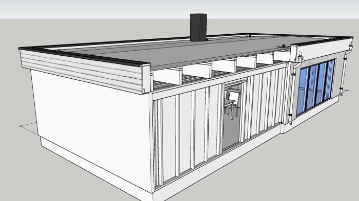 3D-modell av modern containerbostad med stora fönster och platt tak.