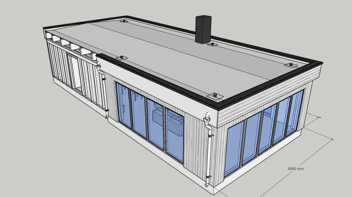 3D-modellerad, modern containerbyggnad, glasfasad, enfaldigt tak, skorsten, dimensioner angivna.