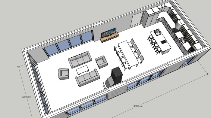 3D-ritning av en öppen kontorsplan med mötesrum, sittplatser, kök och dimensioner angivna.