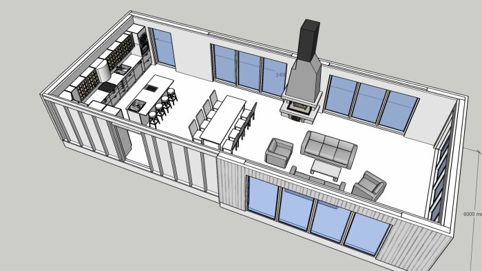 3D-modell av modernt kök och vardagsrum i öppen planlösning, med möbler, inomhus, datagenererad skiss.