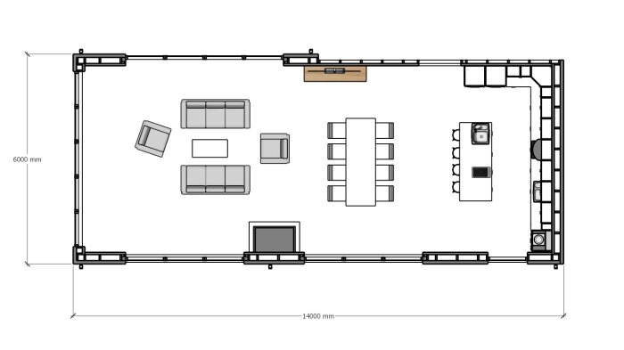 Arkitektonisk planritning av ett rum med möbler, inklusive soffa, bord, stolar och köksutrustning.