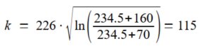 Matematisk formel med konstanter, naturliga logaritmer, roten ur tecken, och likhetstecken; resultatet är 115.