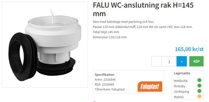 Vit WC-anslutning, produktdetaljer och pris, online shopping, tillgänglighet i olika butiker.