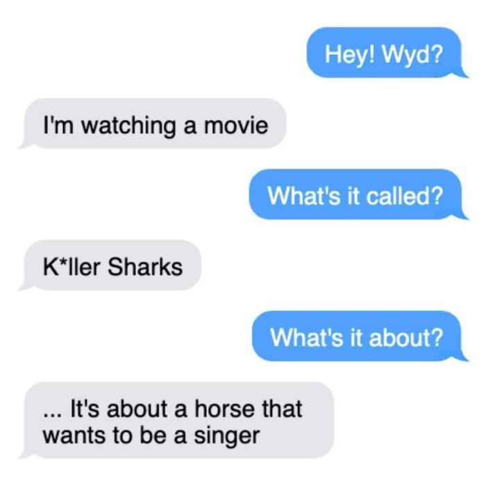 Skärmdump av textkonversation, missförstånd om filmens titel jämfört med dess handling, humoristisk.