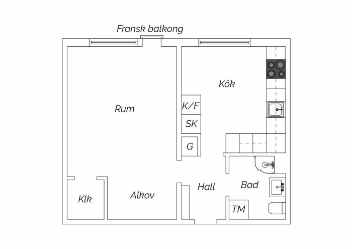 En planritning över en lägenhet med kök, badrum, hall, alkov och balkong.