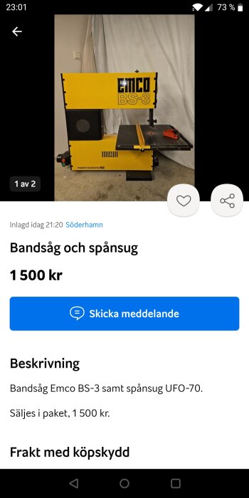 Emco BS-3 bandsåg, gult skydd, svart arbetsbord, säljes med spånsug för 1500 kr.