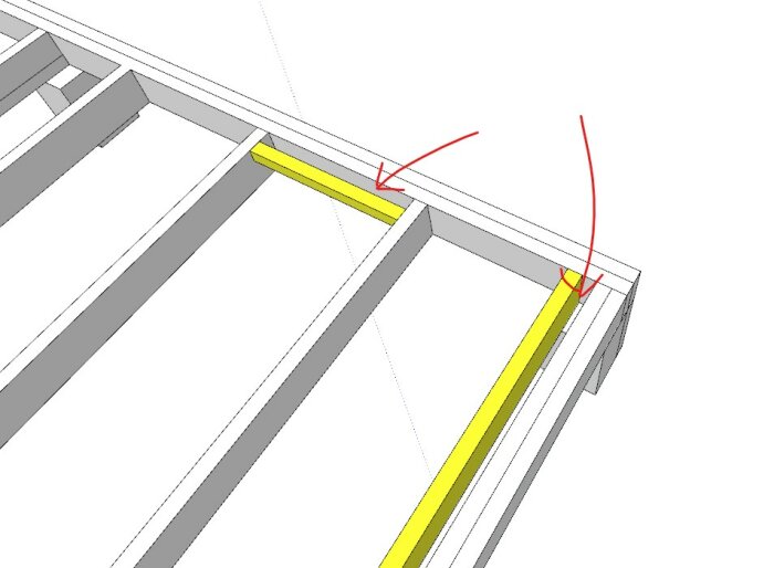 3D-CAD-design, grå konstruktion, gula balkar, röda pilar som markerar specifika punkter.