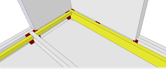 Datorgenererad bild av hörn med gula balkar och röda fästpunkter, arkitektonisk skiss eller konstruktionsdesign.