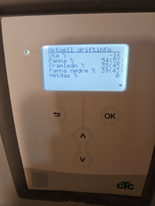 Värmepumpsdisplay visar temperaturer, driftinformation, LED-inidikator lyser, navigeringsknappar, varumärke CTC nere till höger.