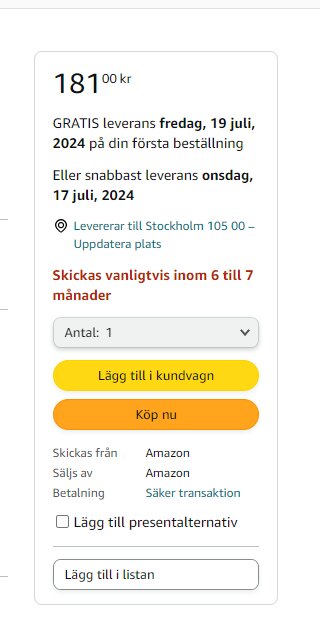 Skärmdump av produkt, pris 18100 kr, leveransalternativ, köp-knappar, Amazon, säker transaktion, Stockholm.