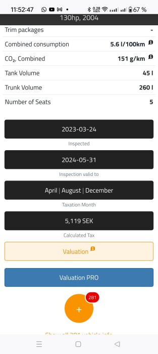 Skärmdump av bilinformation: förbrukning, CO2-utsläpp, tankvolym, bagagevolym, antal säten, besiktning, skatt.