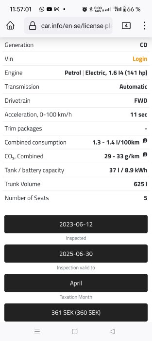 Skärmavbild av bilinformation: hybridmotor, prestanda, förbrukning, utsläpp, inspektion och skattedatum.